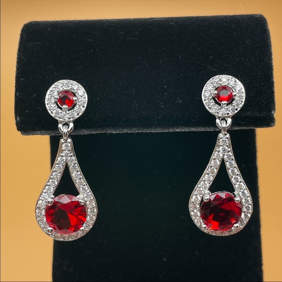 925 Sterling Silver Red Ruby Diamond Tear Drop Pear Cut Elegant Dangle Earrings - Picture 10 of 13